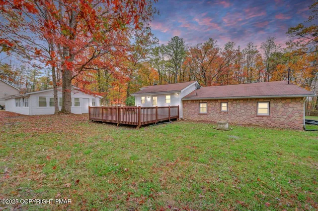a view of a yard in front of a house with a large tree