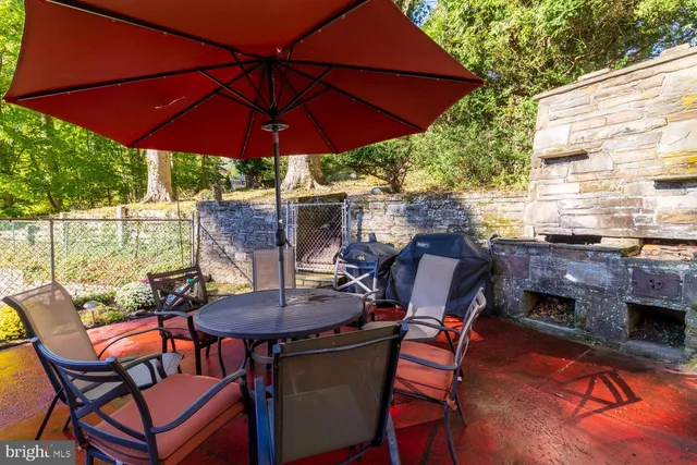 a patio with a table and chairs under an umbrella