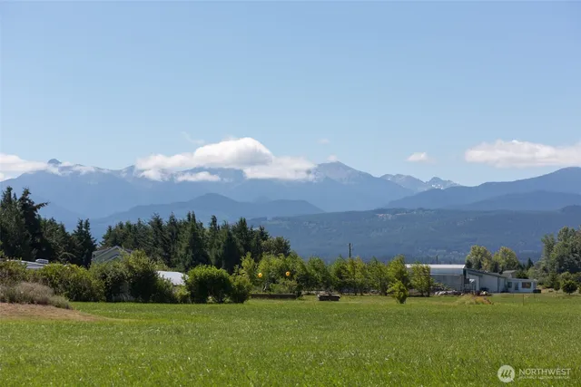 a view of a green field with mountains in the background
