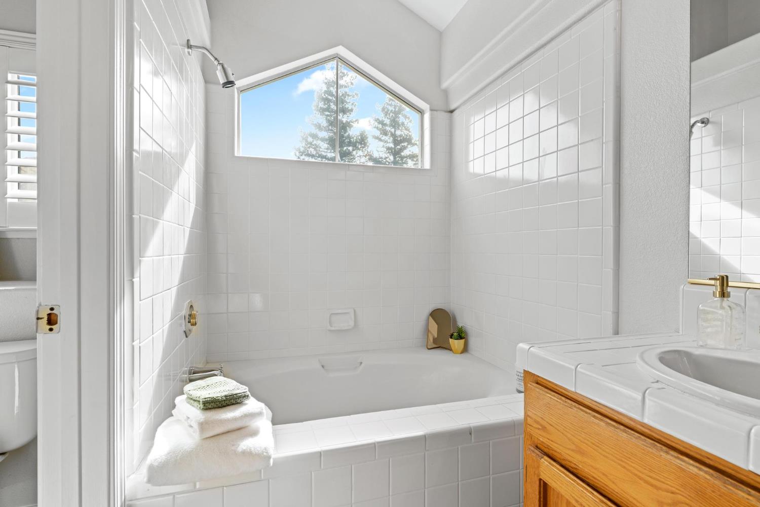 716 Hemmingway Court Tracy, CA 95376 - Photo 23 of 41 a bathroom with a granite countertop bathtub a sink and a window