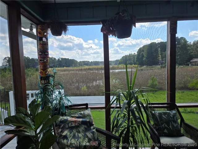 a view of a balcony with lake view and a potted plant