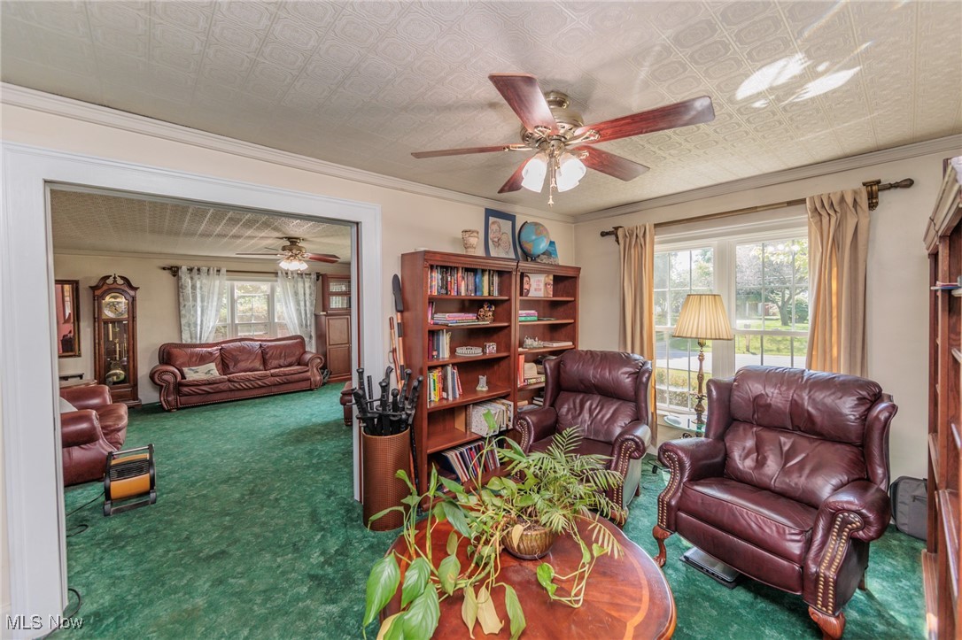 2550 North Ridge Road Vermilion, OH 44089 - Photo 23 of 50 Living area with ceiling fan, carpet floors, and crown molding
