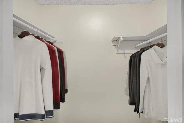 a view of walk in closet with clothes and shoes