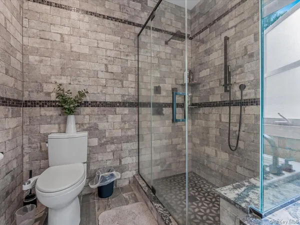 a bathroom with a toilet and a shower