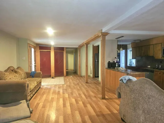 a view of a park with large trees