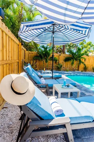 a swimming pool with outdoor seating and yard