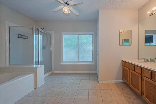 a bathroom with a tub shower and sink