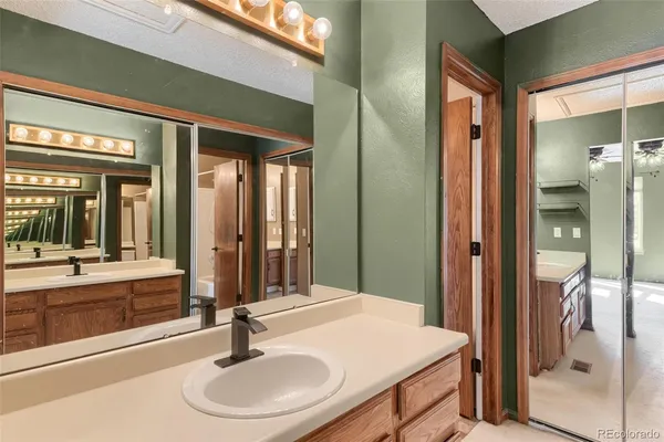 a bathroom with a tub shower sink and vanity