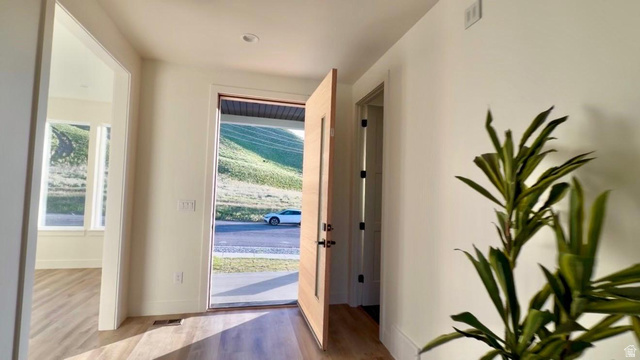 905 Settlement Canyon Road Tooele, UT 84074 - Photo 11 of 12 Entryway featuring light wood-finish flooring, recessed ceiling lighting, and a modern wooden door with frosted glass paneling