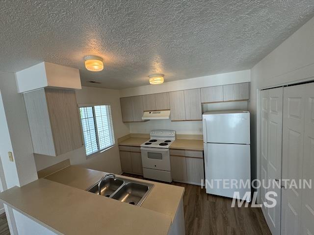 9086 West Sigmont Lane, Unit 202 Boise, ID 83709 - Photo 5 of 6 Kitchen featuring white appliances, dark wood-type flooring, light countertops, a textured ceiling, and a peninsula