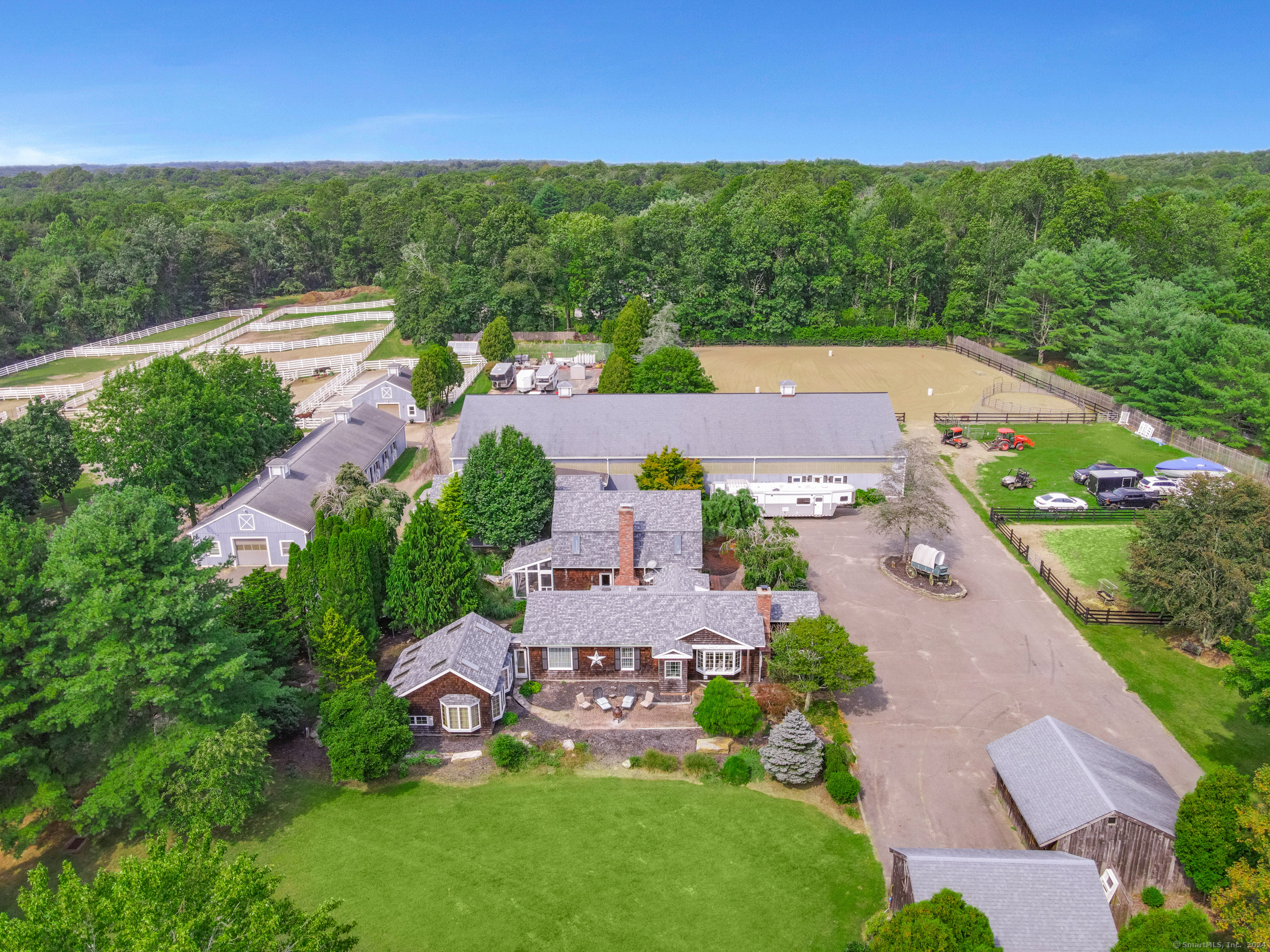 an aerial view of a house with a garden