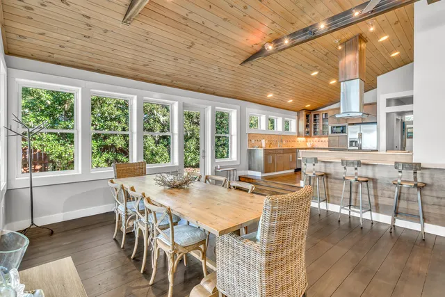 a view of a dining room with furniture window and outside view