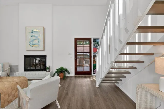 a living room with furniture and a table