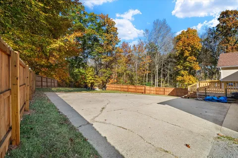 a view of yard with large trees