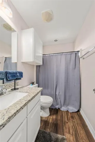 a bathroom with a granite countertop sink toilet and a mirror