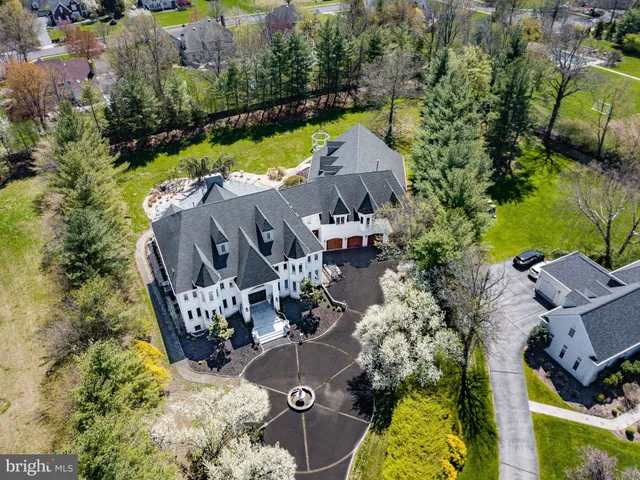 an aerial view of a house with swimming pool and outdoor space