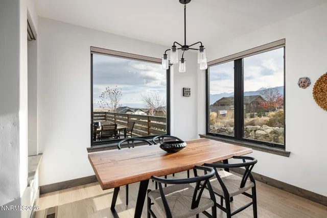 a view of a dining room with furniture window and outside view