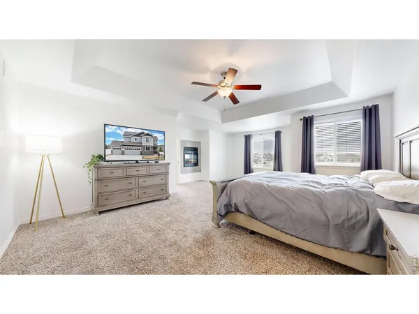 a living room with a bed furniture and a ceiling fan