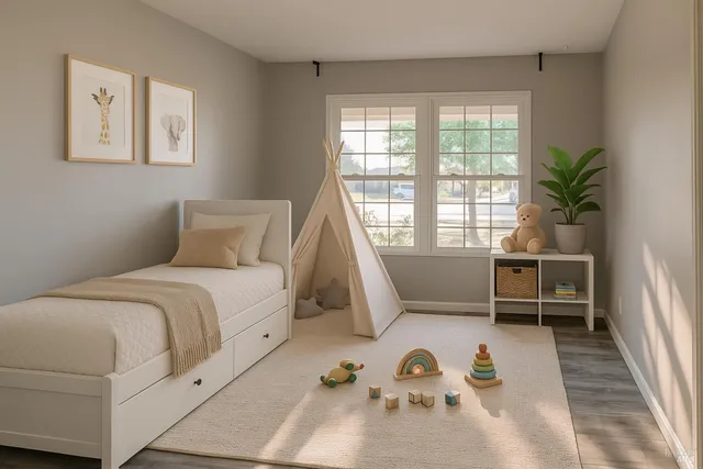 a bedroom with a bed and a window