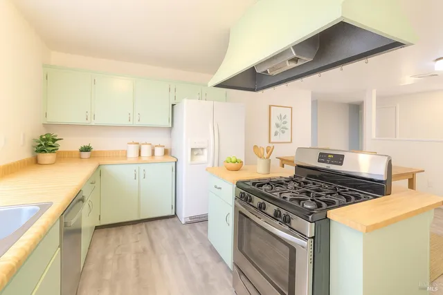 a kitchen with a stove a sink and a refrigerator