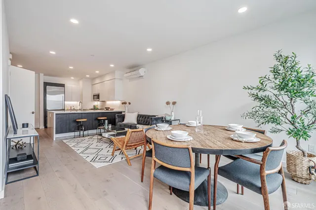 a view of a dining room with furniture