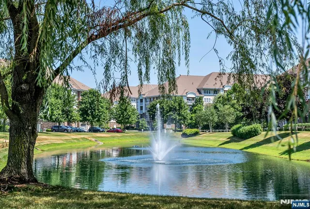 a view of a lake with a building in the background