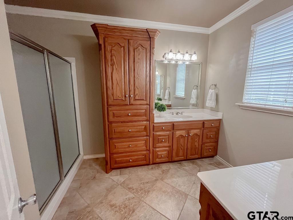 1614 Pineview Lane Hideaway, TX 75771 - Photo 28 of 48 a bathroom with a granite countertop sink and a mirror