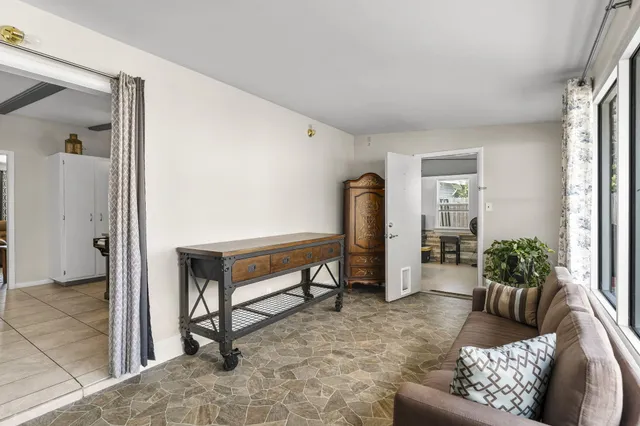 a living room with furniture and a potted plant