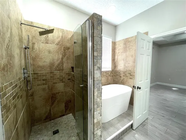 a bathroom with a shower and a toilet