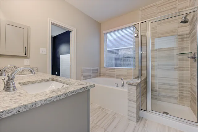 a bathroom with a granite countertop sink a bathtub and shower