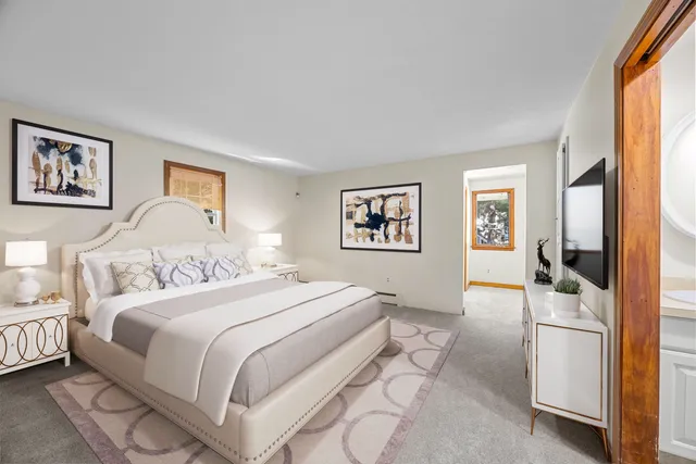 a bedroom with a bed and a couch