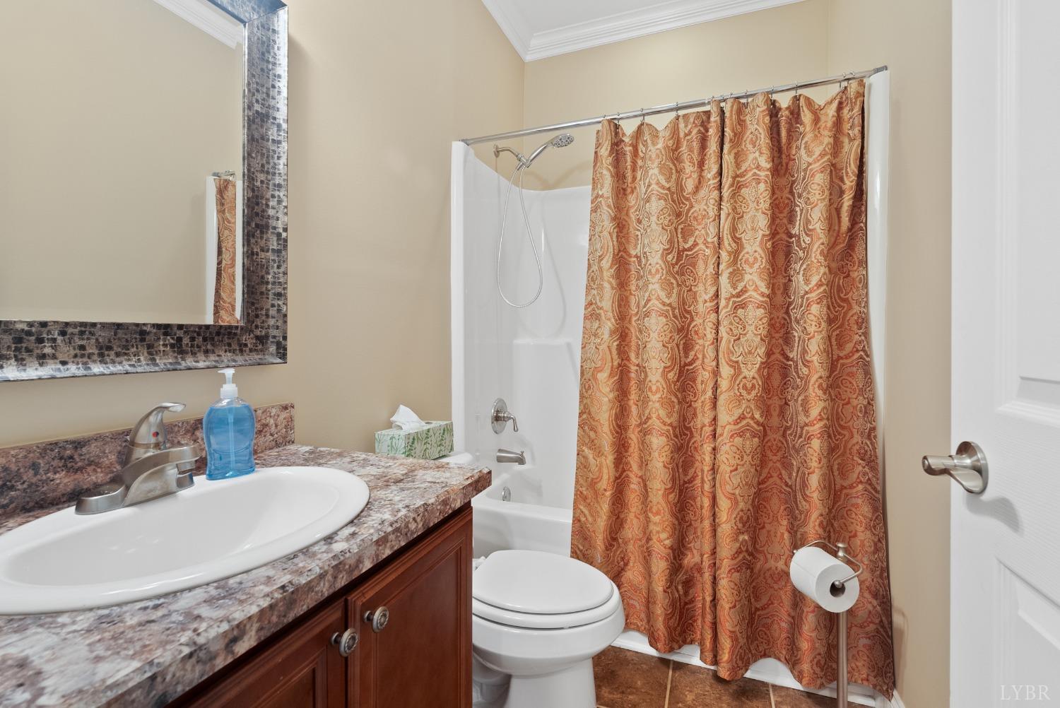 615 Spring Street Hurt, VA 24563 - Photo 27 of 63 a bathroom with a granite countertop sink and a mirror