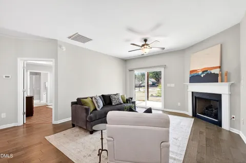 a living room with furniture a fireplace and a potted plant