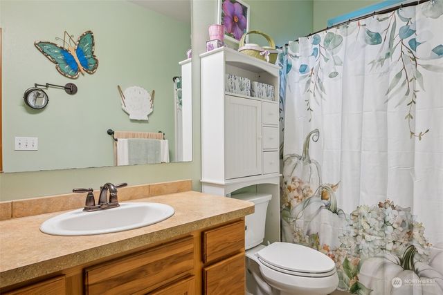 a bathroom with a sink toilet a mirror and shower curtain