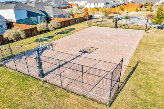 an aerial view of a swimming pool