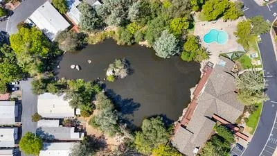 en empty room with windows and chandelier