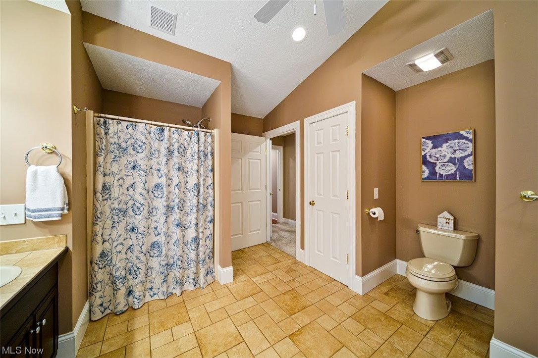 12151 Girdled Road Painesville, OH 44077 - Photo 20 of 35 Bathroom featuring tile floors, ceiling fan, lofted ceiling, and toilet
