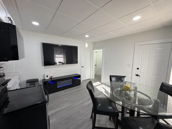 a view of a dining room with furniture