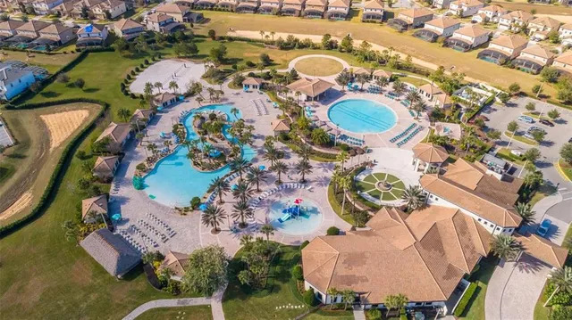 an aerial view of a swimming pool and outdoor space