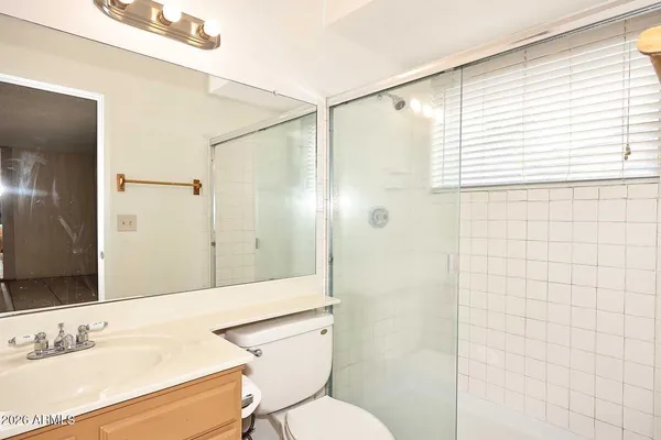 a bathroom with a shower and a toilet