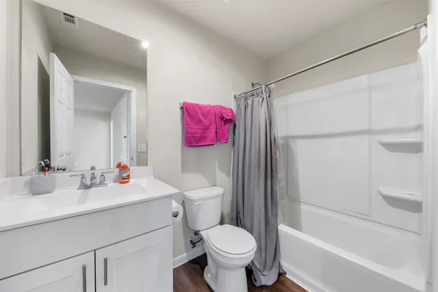 a bathroom with a sink toilet vanity and shower
