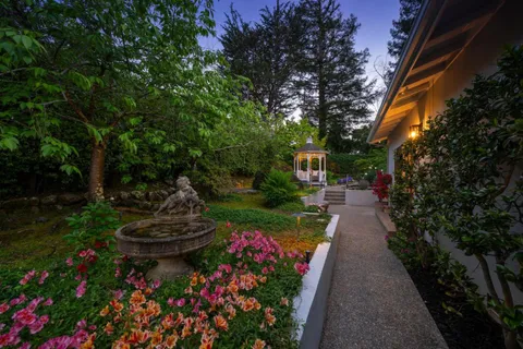 a garden view with a fountain