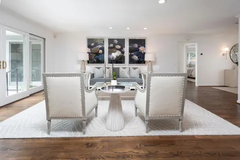 a view of a dining room with furniture