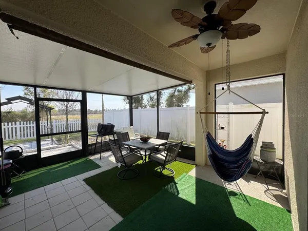 a garden view with a sitting space