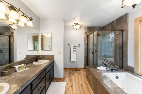 a bathroom with a granite countertop sink a large mirror and a shower