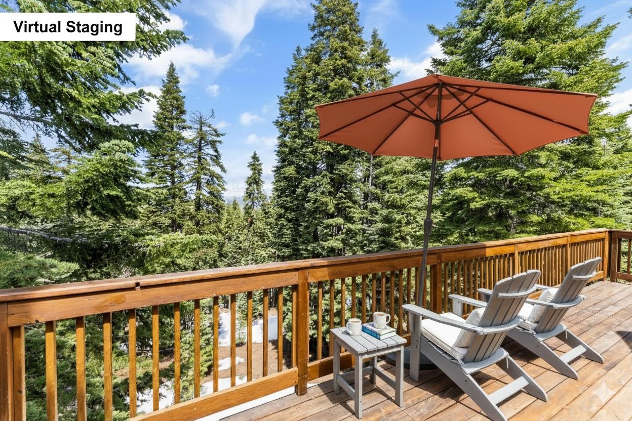12185 Ski Slope Way Truckee, CA 96161 - Photo 22 of 27 a wooden deck with furniture and umbrella