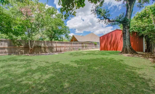 a view of backyard with palm trees and plants