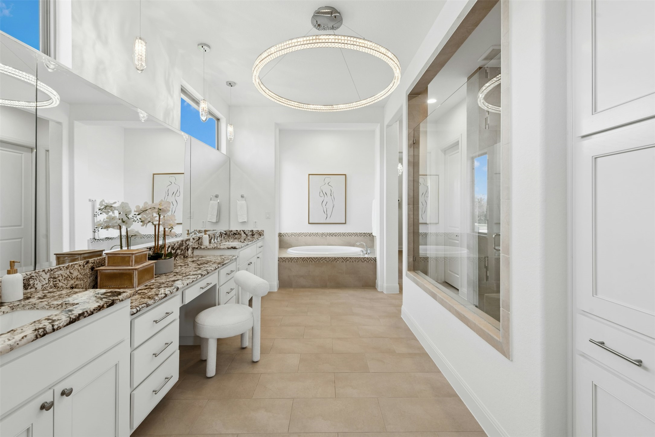 401 Brave Face Street Leander, TX 78641 - Photo 15 of 35 Bathroom featuring double vanity, a shower stall, a bath, and light tile patterned floors