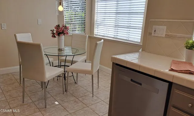 a view of a dining room with furniture and window