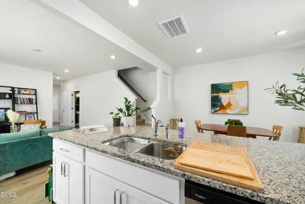 a kitchen with stainless steel appliances granite countertop white cabinets a sink and a potted plant
